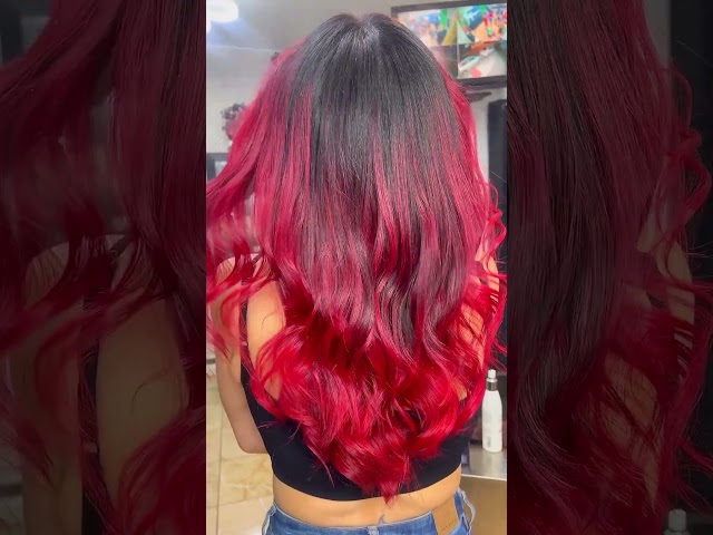 Black To Bright Red Ombré Balayage Transformation